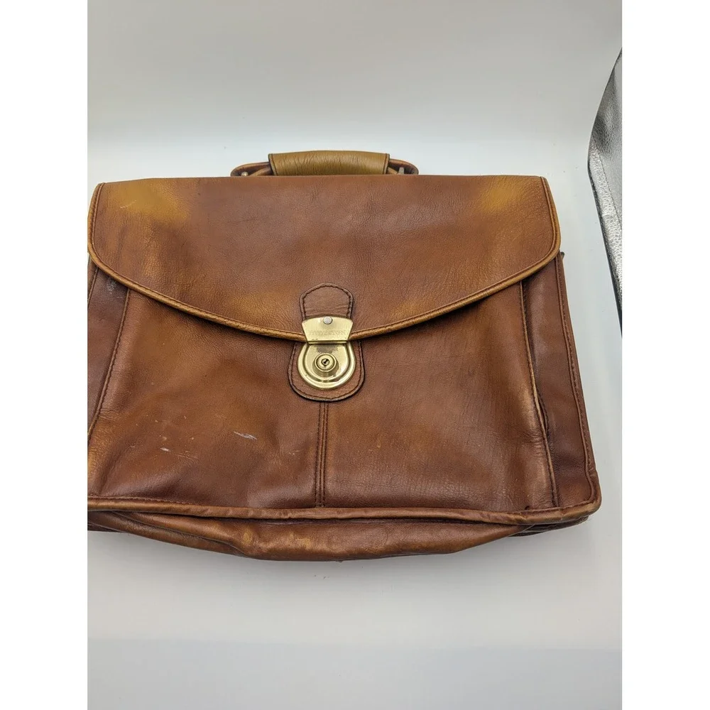 Hidesign Vintage Brown Leather Briefcase Plaid Lining Brass Hardware Messenger
